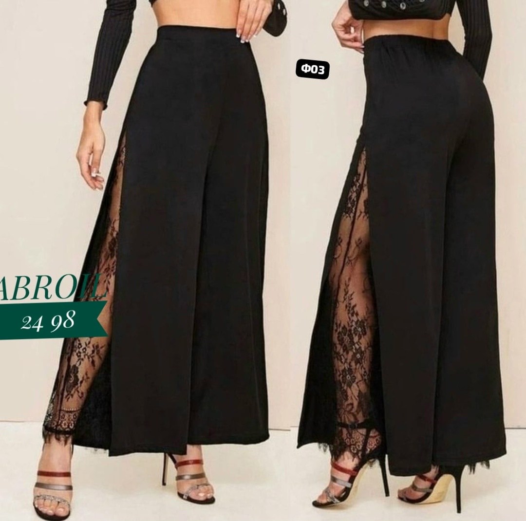 кружевные брюки,брюки женские черные,брюки женские,женские штаны-юбка ткань лайт с гипюр,черные широкие брюки с кружевом