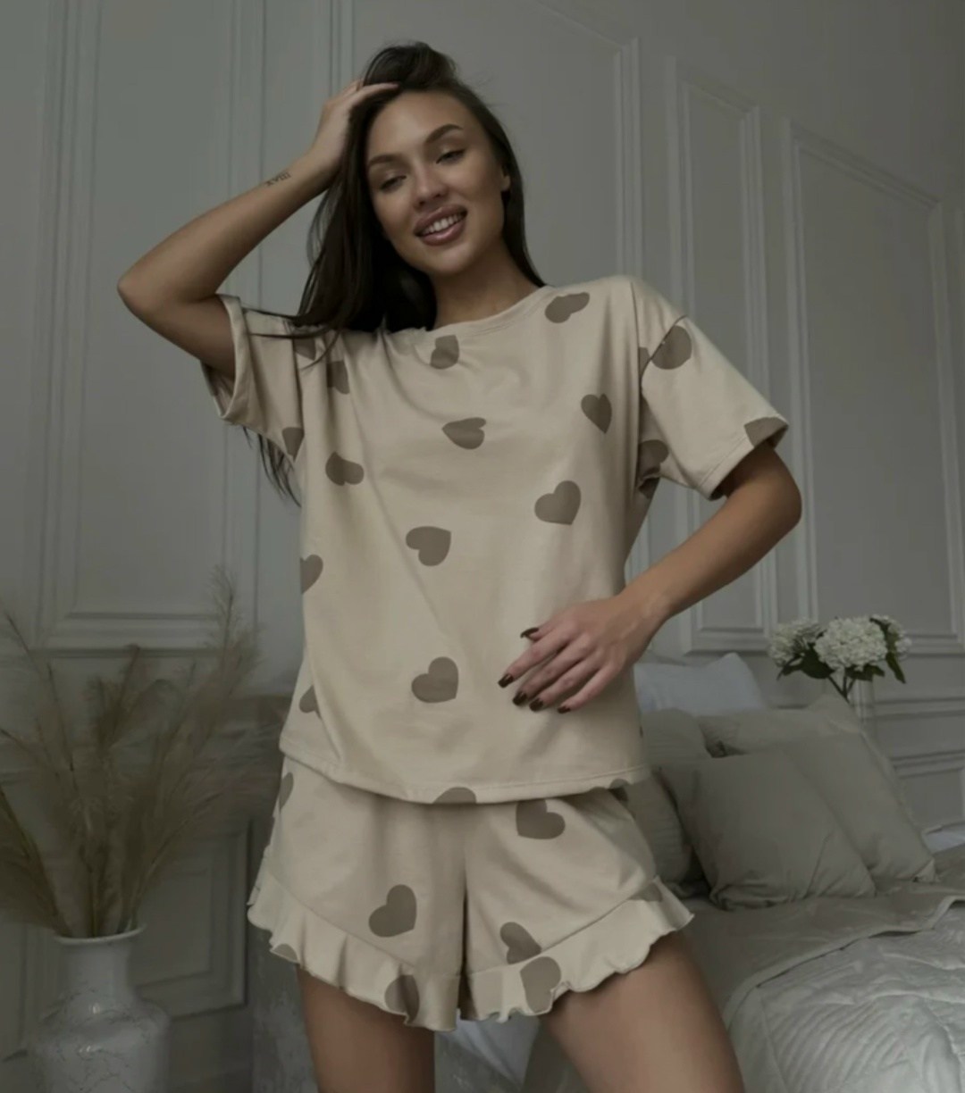 домашняя одежда пижама,пижама женская бежевая,пижама домашний костюм,женская пижама с шортами,пижама женская