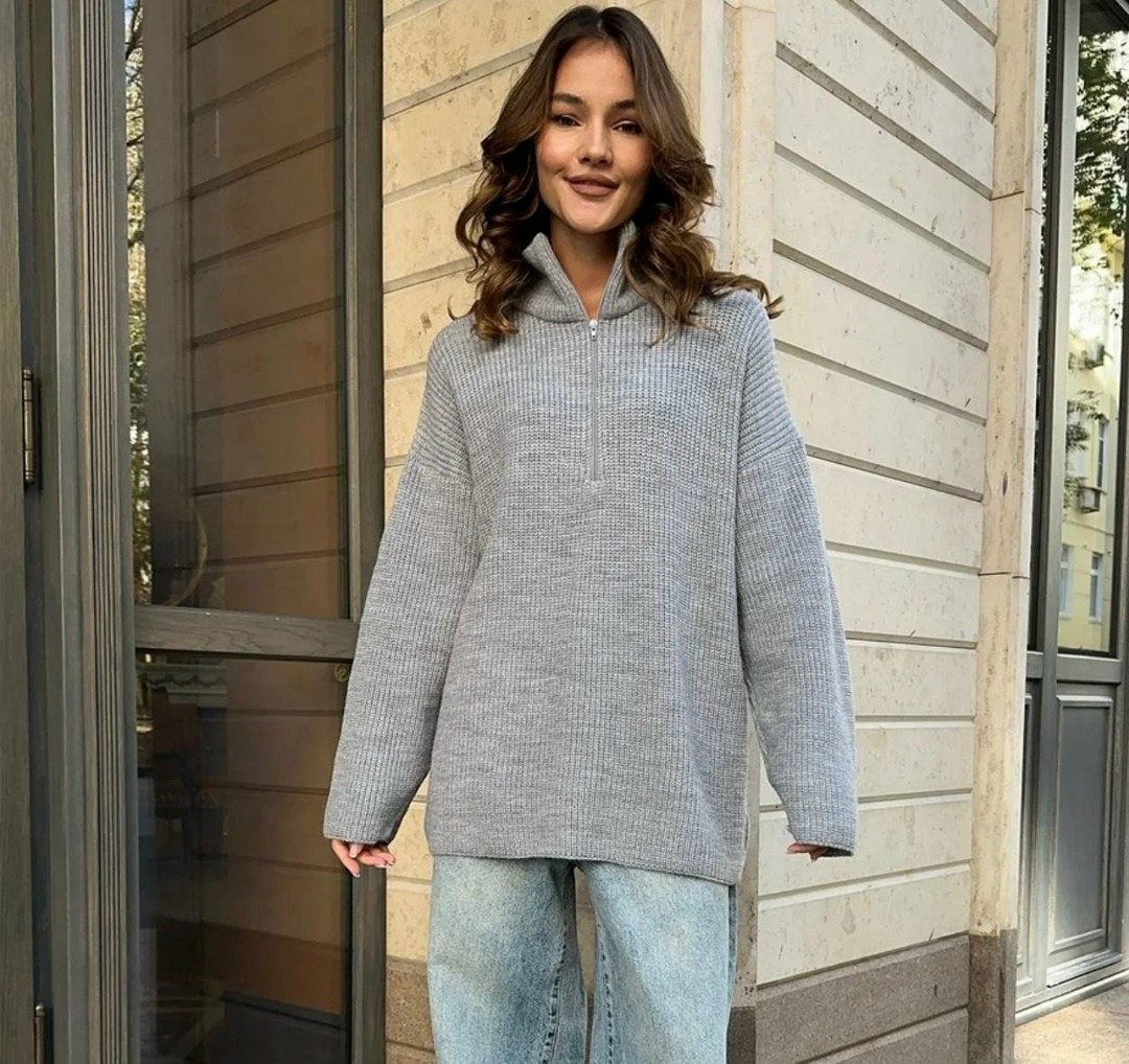 свитер женский,свитер оверсайз,свитер оверсайз с горлом вязаный на молнии,модный джемпер,свитер