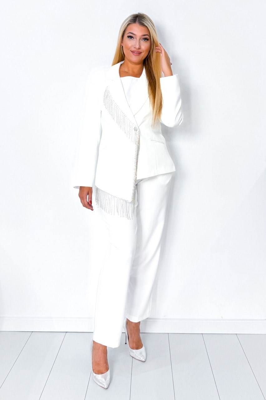 брючный нарядный костюм,женский брючный костюм,брючный костюм с перьями,брючный костюм pirs 3608 белый,костюм брючный белый