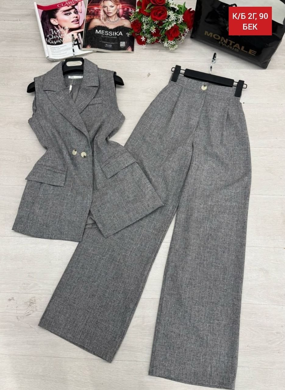 льняной костюм брючный,костюм женский брючный,костюм брючный с жилеткой,женский брючный костюм из двух предметов,брючный костюм женский 52 54