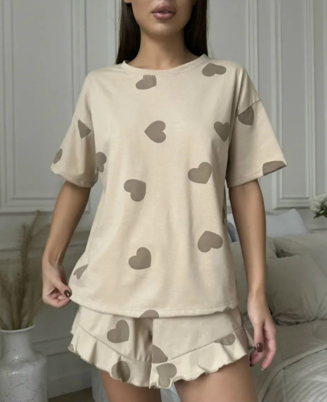 домашняя одежда пижама,пижама женская бежевая,пижама домашний костюм,женская пижама с шортами,пижама женская
