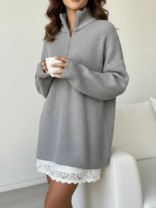 свитер женский,свитер оверсайз,свитер оверсайз с горлом вязаный на молнии,модный джемпер,свитер