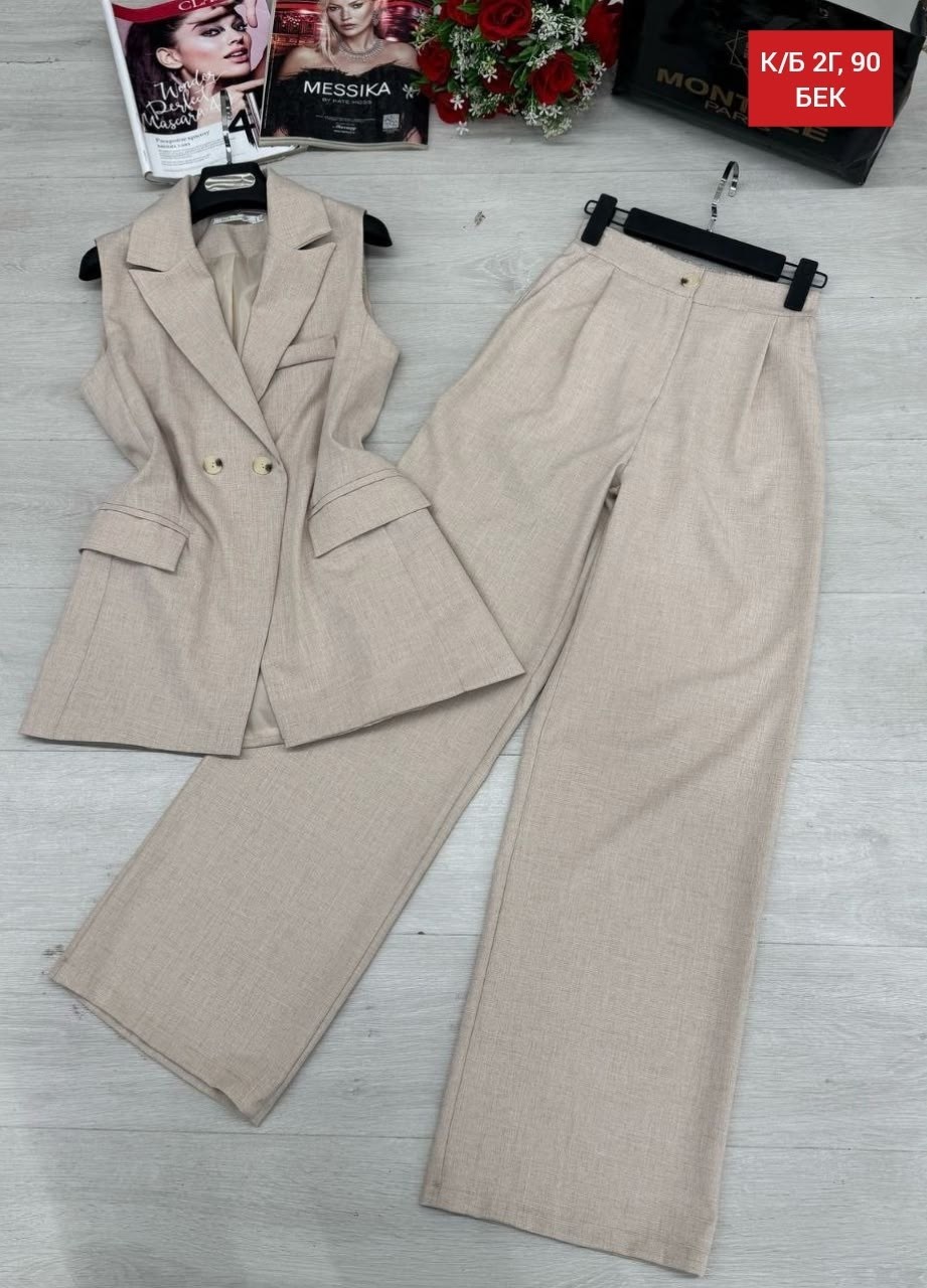 льняной костюм брючный,костюм женский брючный,костюм брючный с жилеткой,женский брючный костюм из двух предметов,брючный костюм женский 52 54