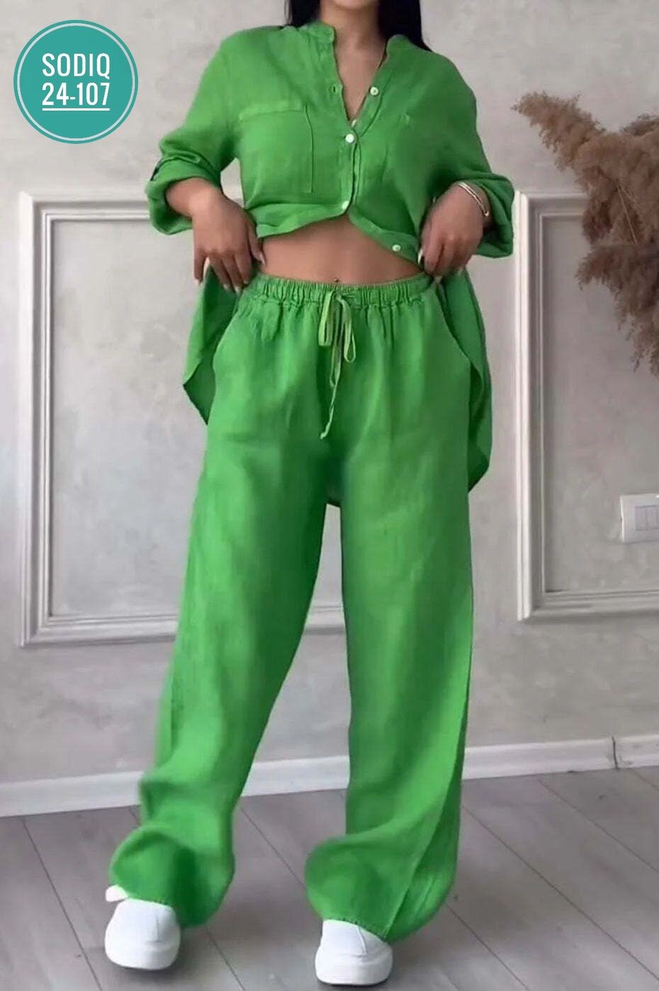 повседневный комплект из хлопка и льна однотонной рубашки и широких брюк на кулиске,женский комплект брюк с рубашкой,костюм брючный льняной,костюм с брюками,комплект одежды женский zara вечерний/празд