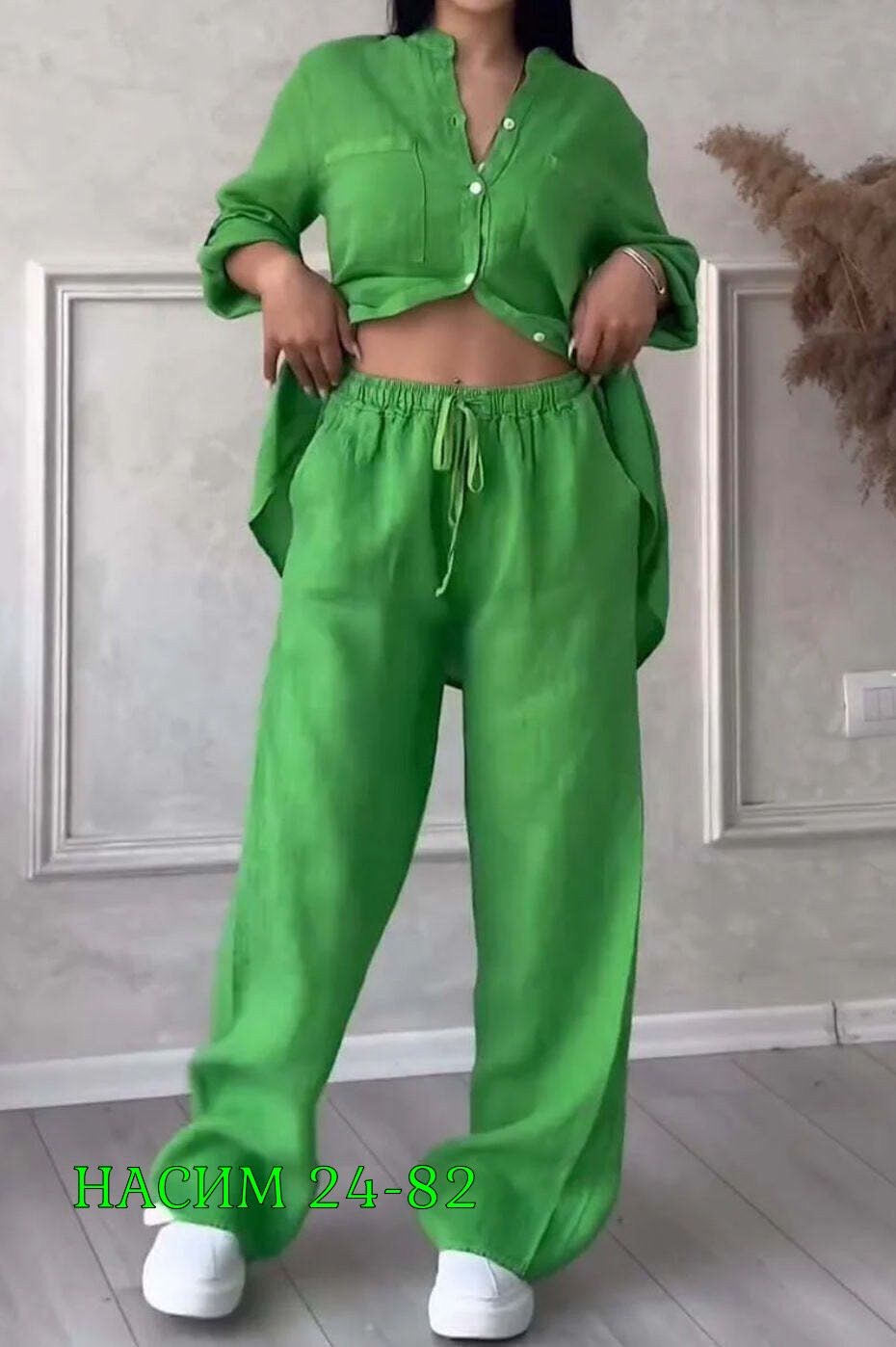 повседневный комплект из хлопка и льна однотонной рубашки и широких брюк на кулиске,брючный костюм из льна женский,костюм брючный льняной,костюм женский,стильные костюмы