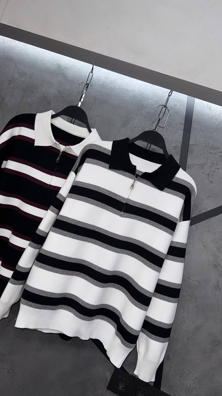 свитер в полоску женский,трикотажный свитер на молнии с воротником-поло,женский трикотажный свитер в полоску,джемпер в полоску с молнией,свитер пуловер