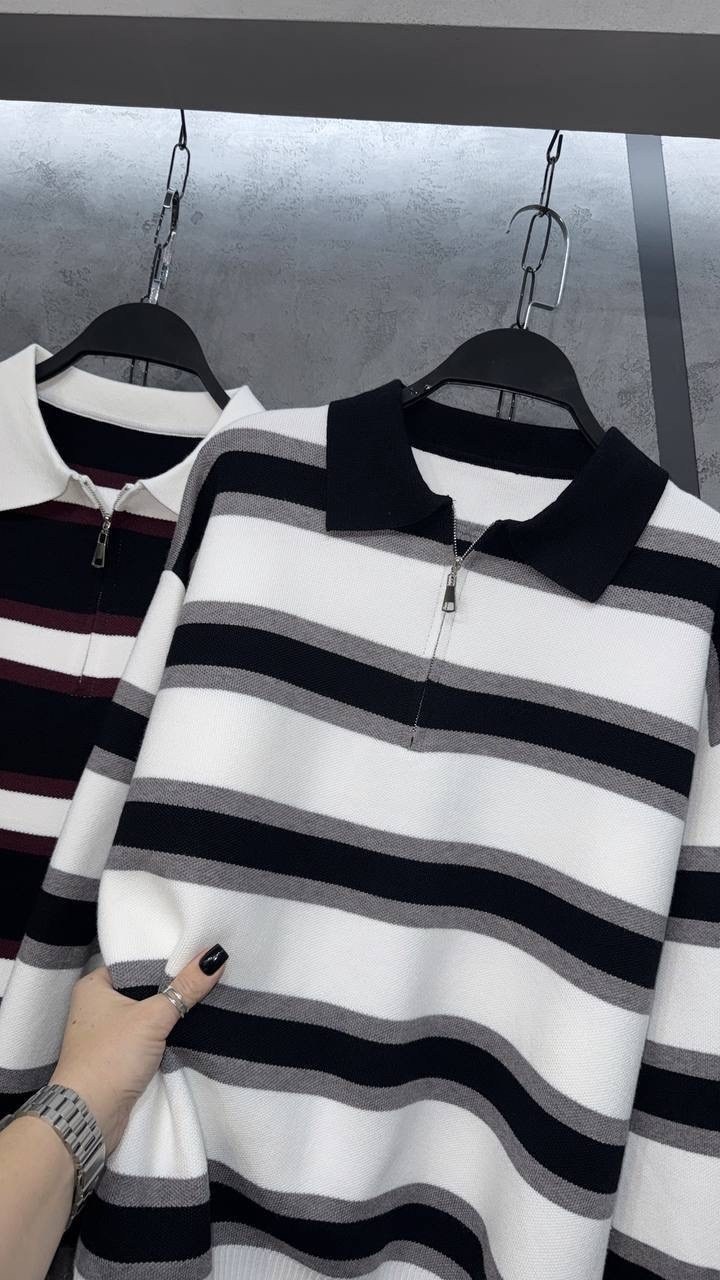 свитер в полоску женский,трикотажный свитер на молнии с воротником-поло,женский трикотажный свитер в полоску,джемпер в полоску с молнией,свитер пуловер