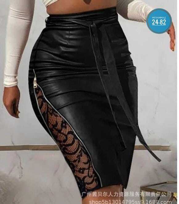 женская юбка из экокожи,кожаная юбка с гипюром,юбка из экокожи,кожаная юбка с разрезом,юбка из искусственной кожи