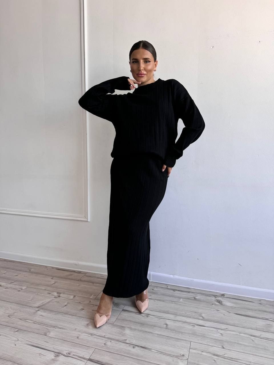 трикотажный костюм с юбкой,костюм трикотажный с юбкой миди emberens,костюм трикотажный вязаный с юбкой emberens цвет черный,трикотажный костюм с юбкой миди,костюм трикотажный вязаный с юбкой emberens