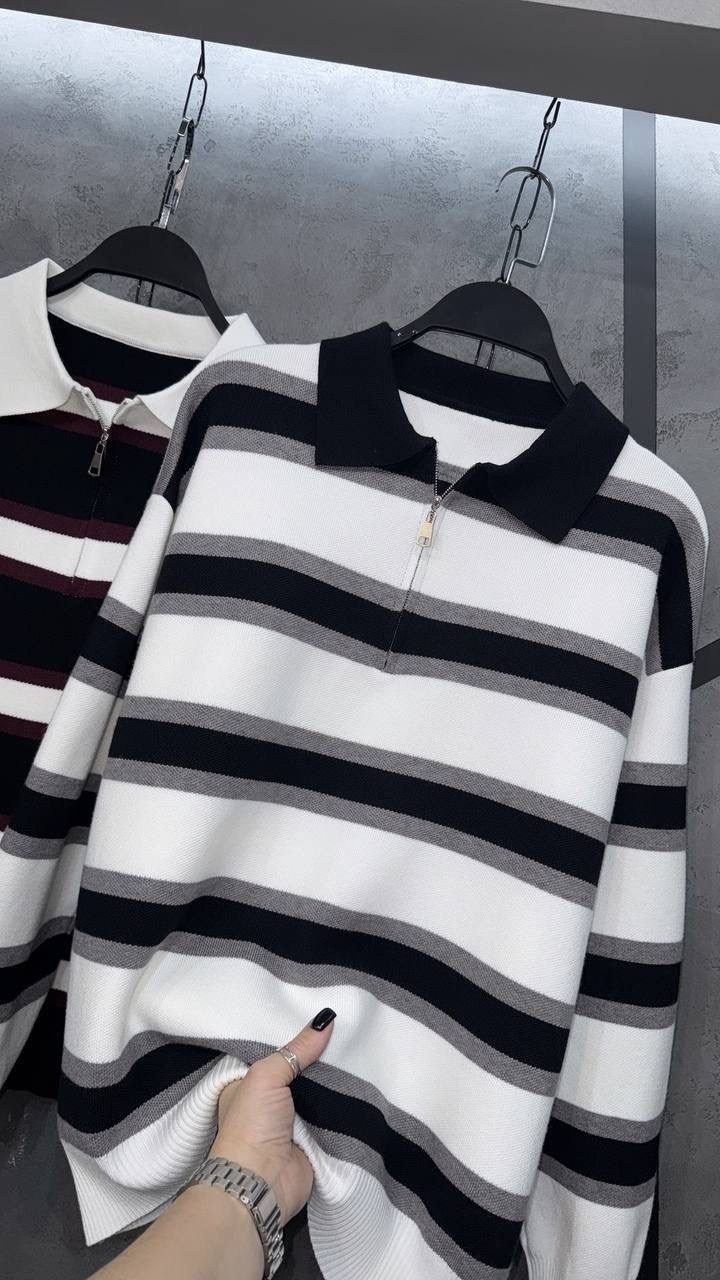 свитер в полоску женский,трикотажный свитер на молнии с воротником-поло,женский трикотажный свитер в полоску,джемпер в полоску с молнией,свитер пуловер