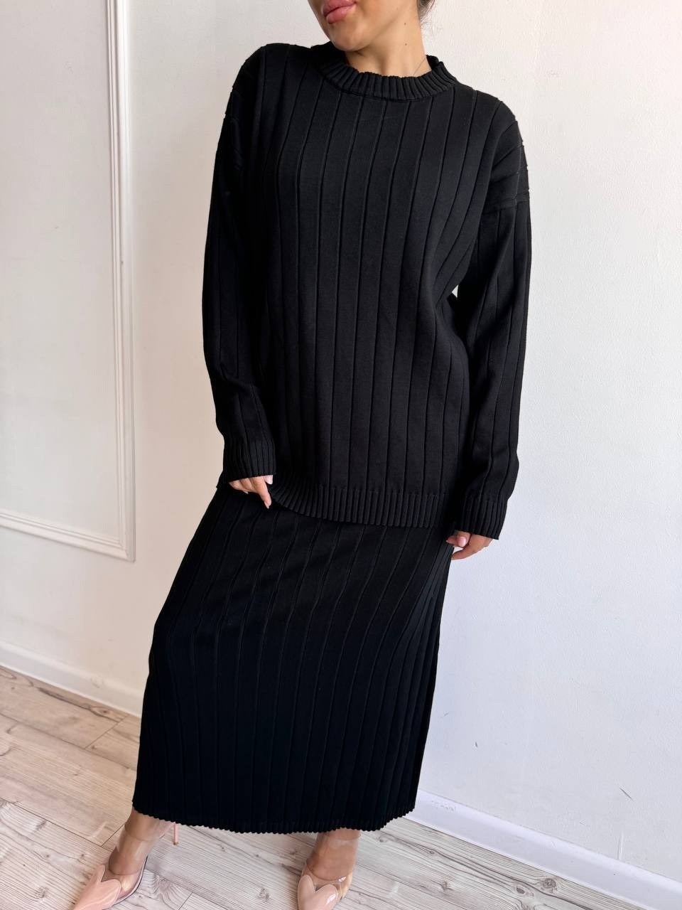 трикотажный костюм с юбкой,костюм трикотажный с юбкой миди emberens,костюм трикотажный вязаный с юбкой emberens цвет черный,трикотажный костюм с юбкой миди,костюм трикотажный вязаный с юбкой emberens