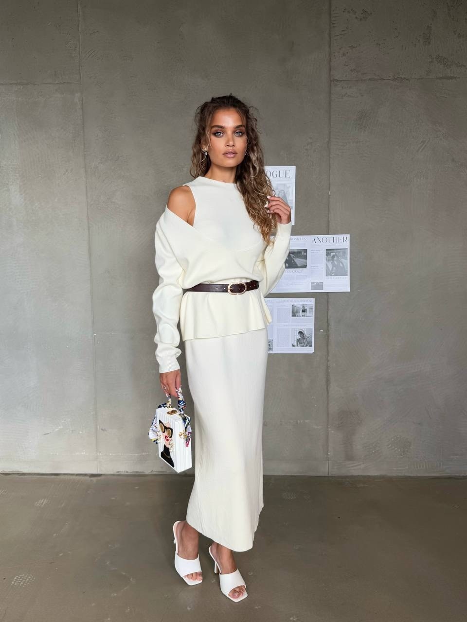 трикотажные костюмы,костюм трикотажный джемпер с юбкой миди emberens,костюм трикотажный свитер и юбка emberens цвет молочный,костюм трикотажный свитер и юбка emberens 250271181,костюм с платьем