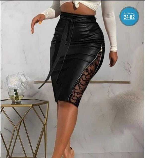 женская юбка из экокожи,кожаная юбка с гипюром,юбка из экокожи,кожаная юбка с разрезом,юбка из искусственной кожи