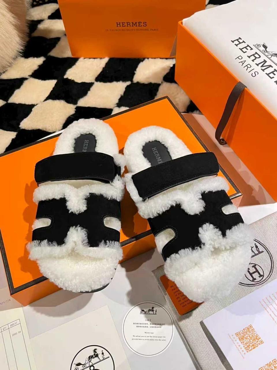 тапочки hermes,,шлепанцы hermes,шлепки с мехом,меховые тапочки