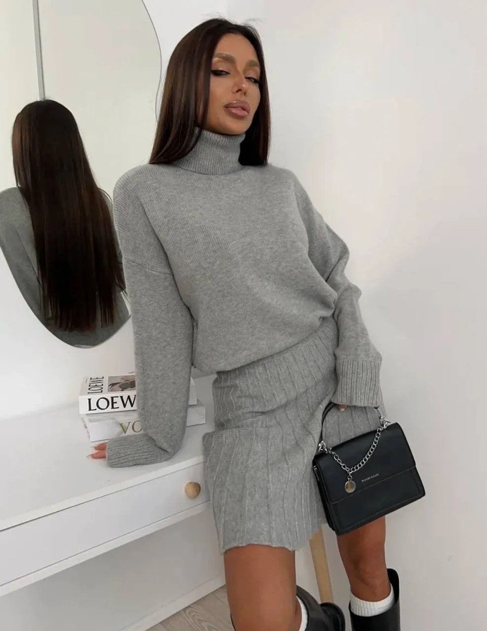 костюм с юбкой плиссе вязаный yay clothes,вязаный костюм с юбкой,трикотажный костюм,юбка и свитер комплект,костюм свитер и юбка