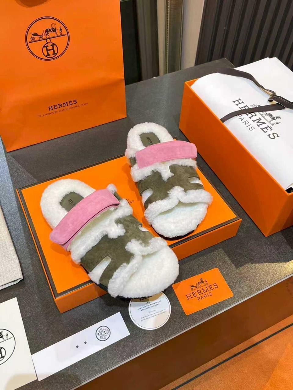 тапочки hermes,,шлепанцы hermes,шлепки с мехом,меховые тапочки