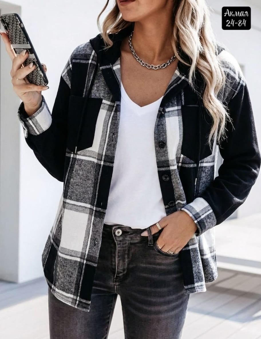 рубашка в клетку женская,рубашка в клетку с капюшоном,повседневная куртка,рубашка с капюшоном,рубашка в клетку