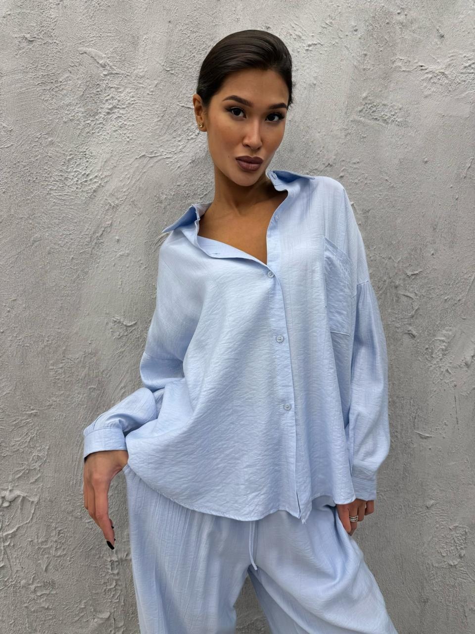 брючный костюм,костюм брючный льняной,костюм-двойка из мягкого хлопка: рубашка + брюки, голубой,костюм с брюками,модные брючные костюмы