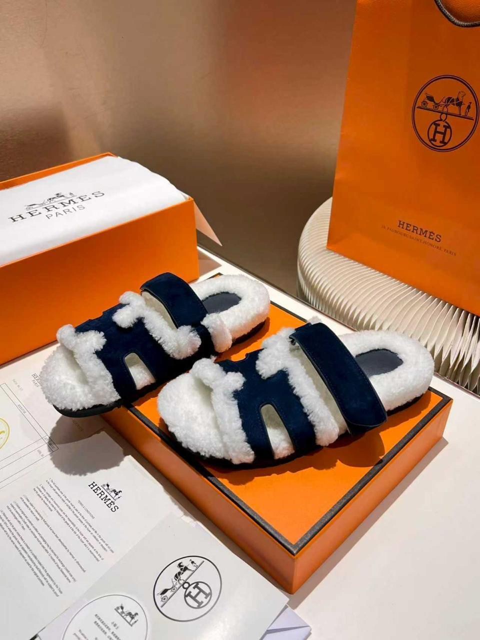 тапочки hermes,,шлепанцы hermes,шлепки с мехом,меховые тапочки