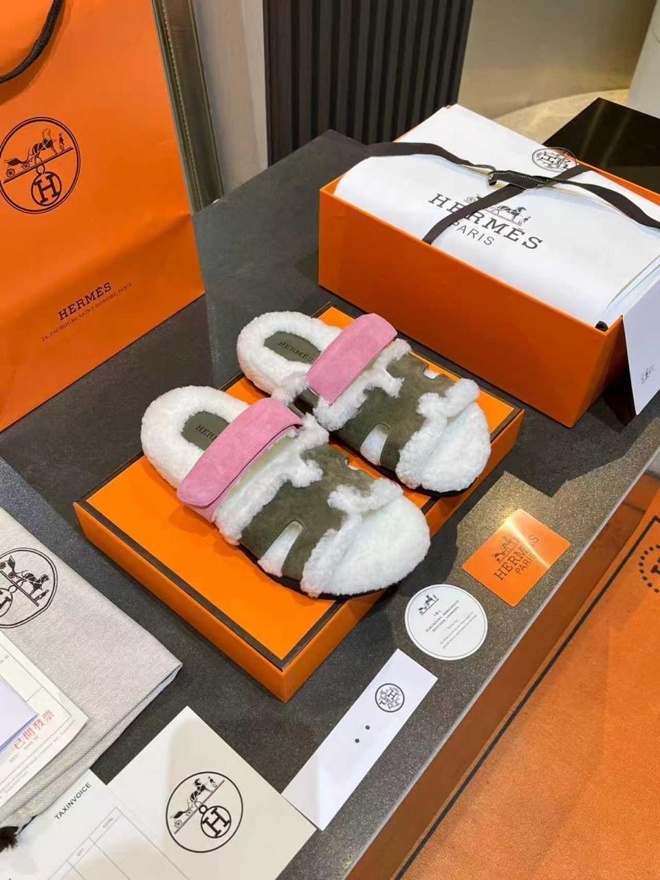тапочки hermes,,шлепанцы hermes,шлепки с мехом,меховые тапочки