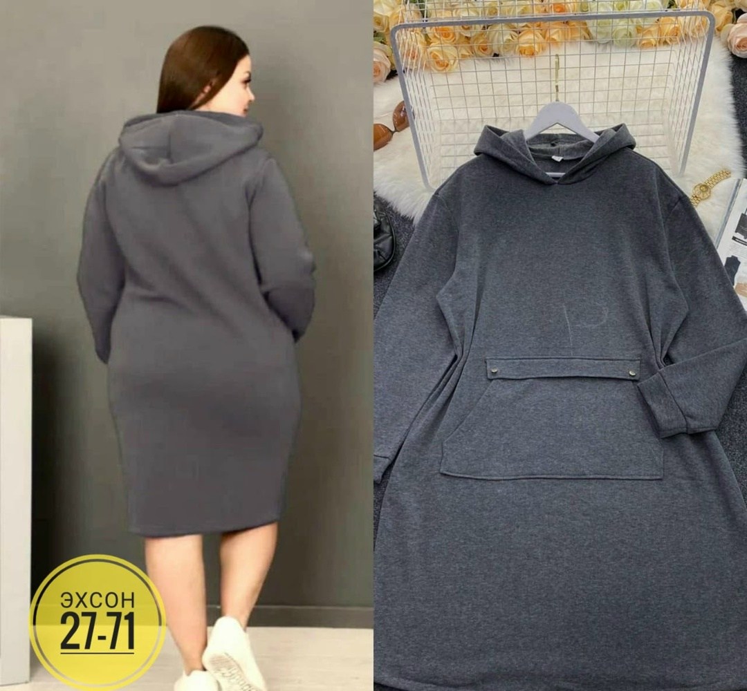 спортивное платье с капюшоном,платье спортивное теплое,платье с капюшоном,платье на флисе,платье худи с капюшоном большого размера грандфасонтекс 196810049