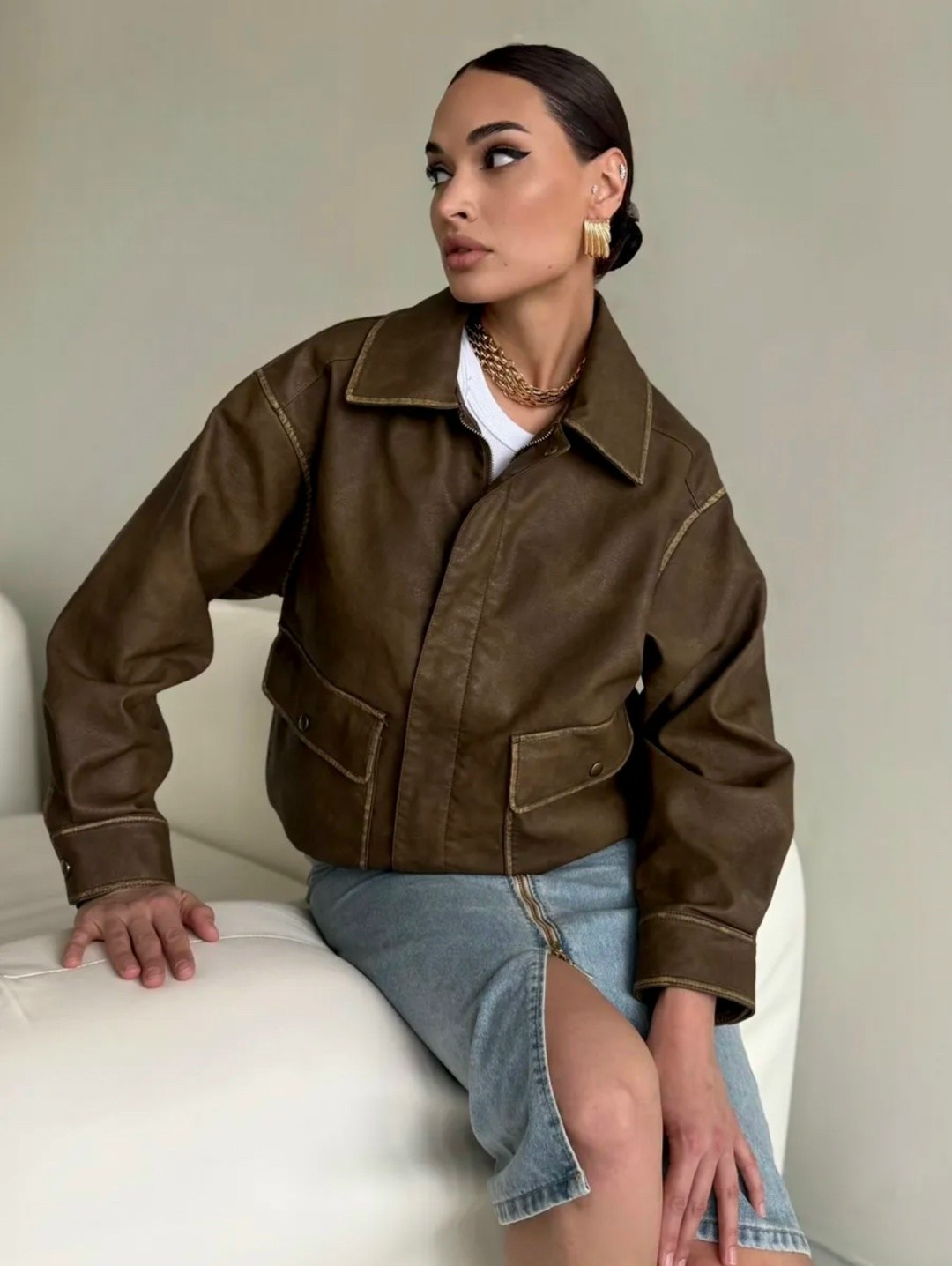 кожаные куртки,длинная джинсовая юбка,джинсовая юбка,куртка коричневая,женская кожаная куртка