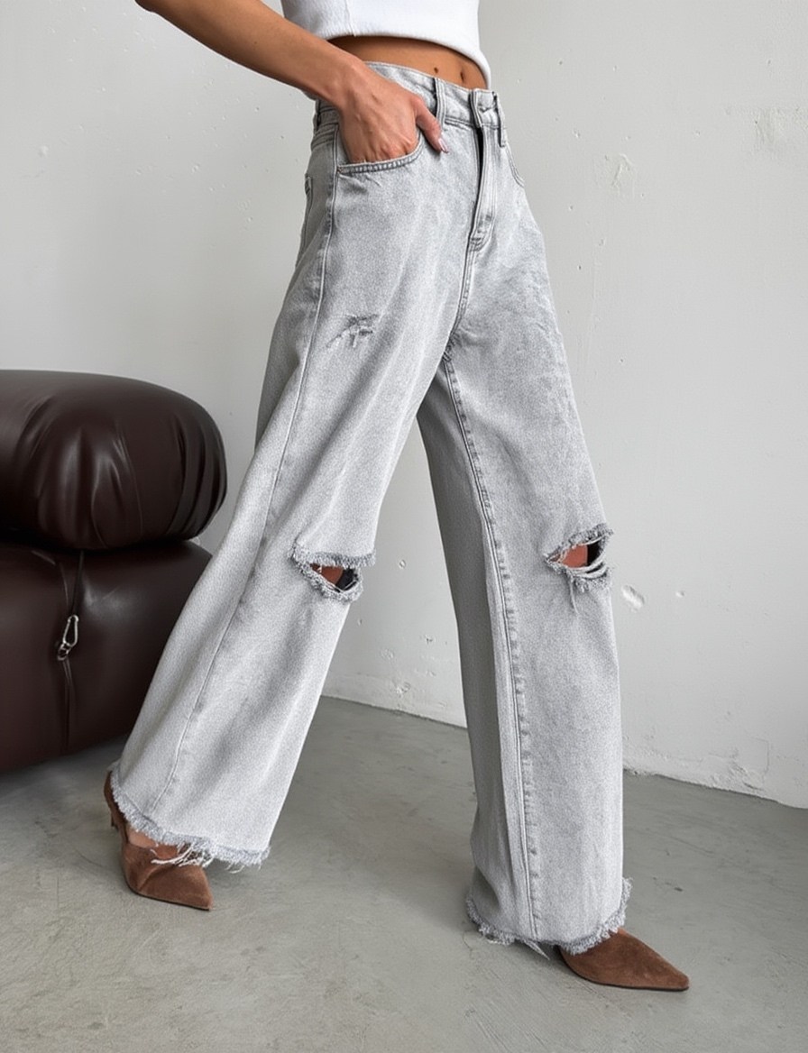 джинсы прямые палаццо рваные sena denim,джинсы рваные широкие,джинсы палаццо рваные графитовые,широкие джинсы,рваные широкие джинсы manilla