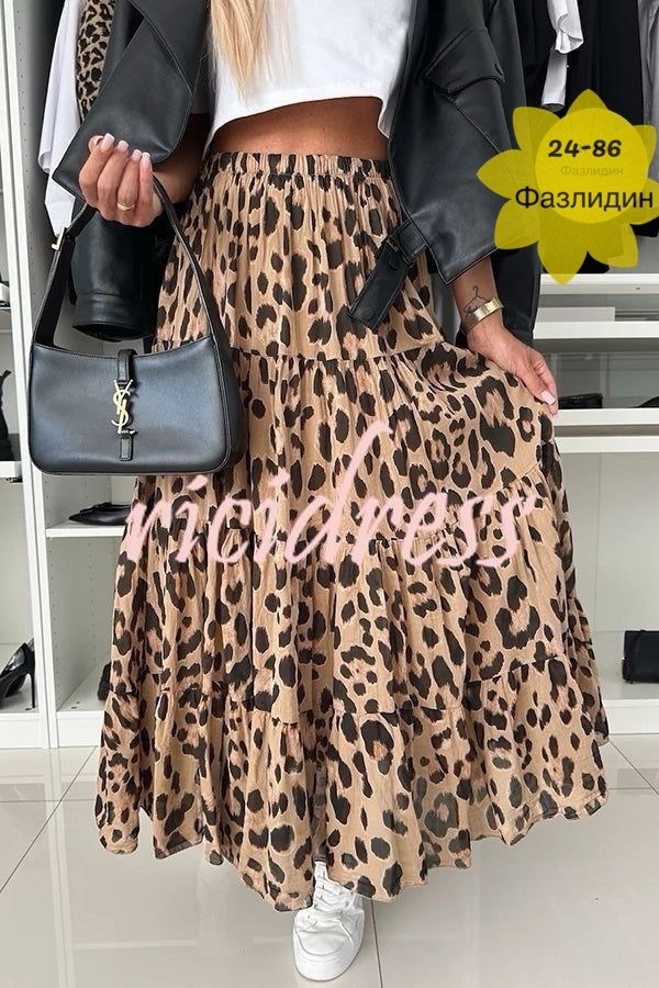 винтажная юбка с леопардовым принтом и рюшами,юбка плиссе с леопардовым принтом,женская шифоновая свободная юбка с леопардовым принтом,офисная женская свободная юбка с леопардовым принтом,юбка с леопа