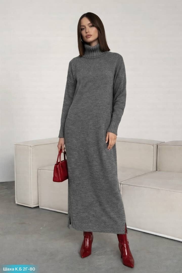 женское кашемировое платье-свитер с высоким воротником в стиле оверсайз,платье длинное трикотажное в рубчик с горлом серый меланж,трикотажное платье,платье вязаное,длинное вязаное платье