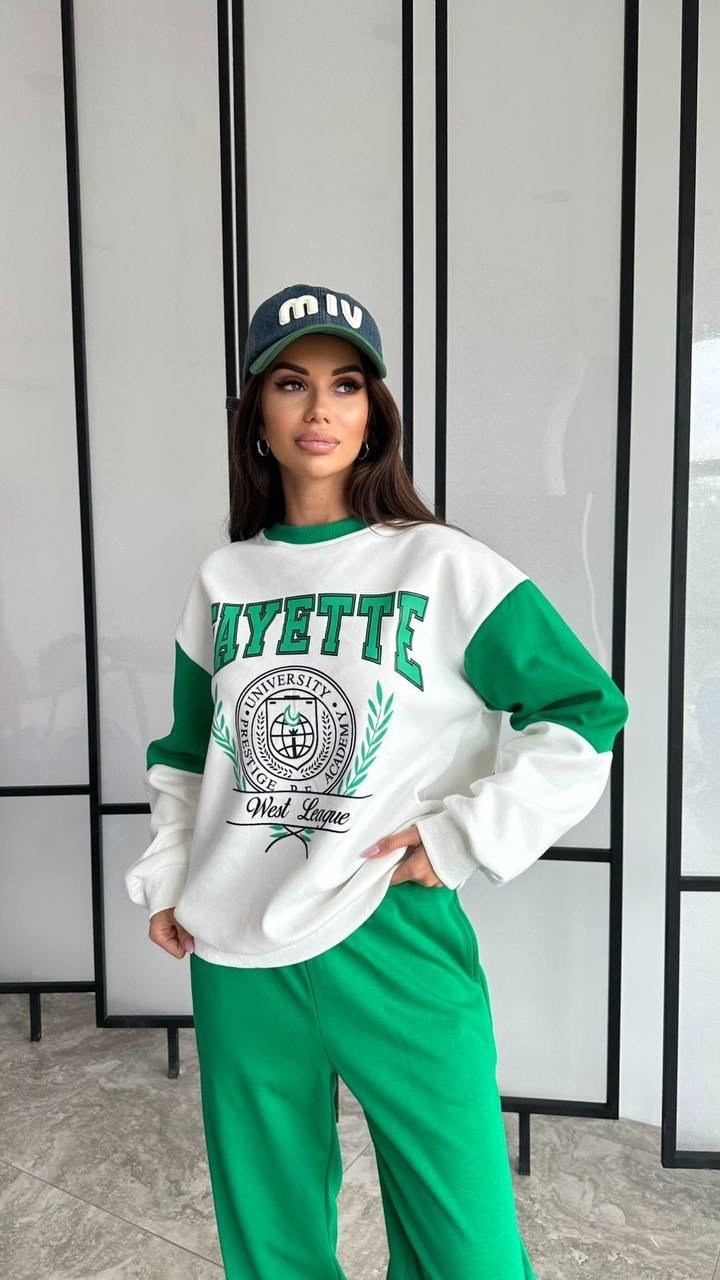 женский свободный спортивный костюм зеленого и белого цвета с принтом brooklyn,спортивный костюм летний kenzil,спортивный костюм,костюм женский,костюм спортивный женский