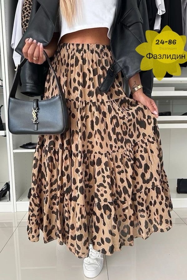 винтажная юбка с леопардовым принтом и рюшами,юбка плиссе с леопардовым принтом,женская шифоновая свободная юбка с леопардовым принтом,офисная женская свободная юбка с леопардовым принтом,юбка с леопа