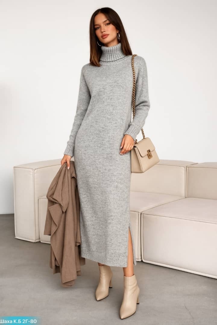 женское кашемировое платье-свитер с высоким воротником в стиле оверсайз,платье длинное трикотажное в рубчик с горлом серый меланж,трикотажное платье,платье вязаное,длинное вязаное платье