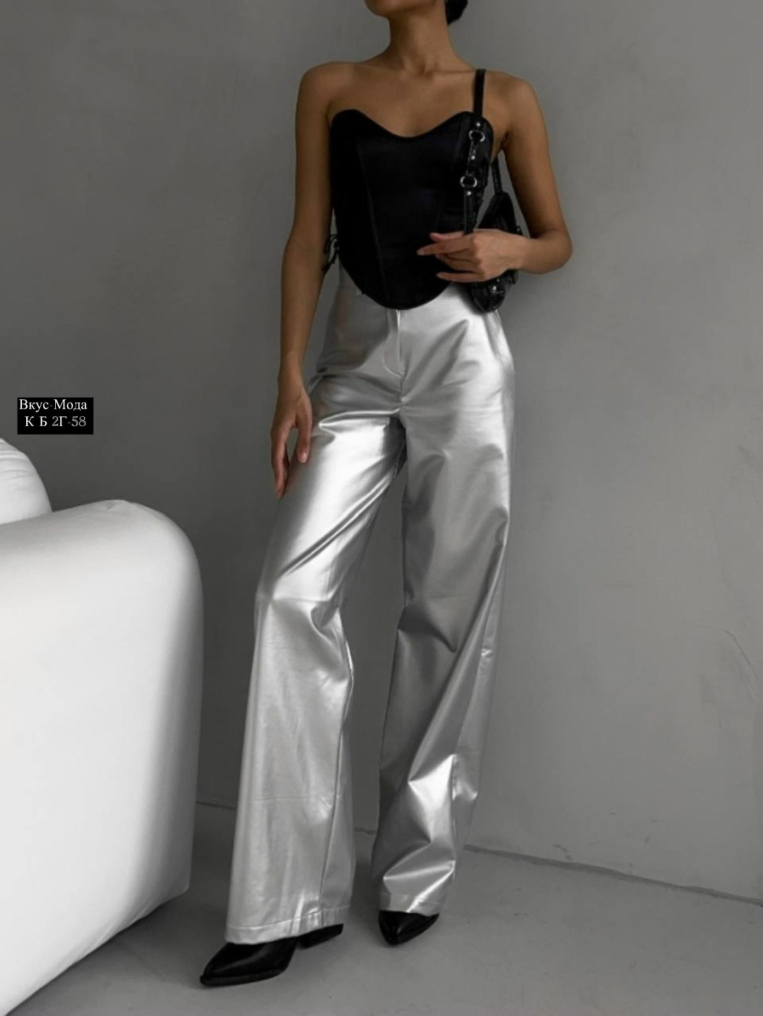 серебряные брюки,брюки серебристые,серебристые брюки широкие,брюки кожаные палаццо металлик,модные серебристые женские брюки clacive из искусственной кожи