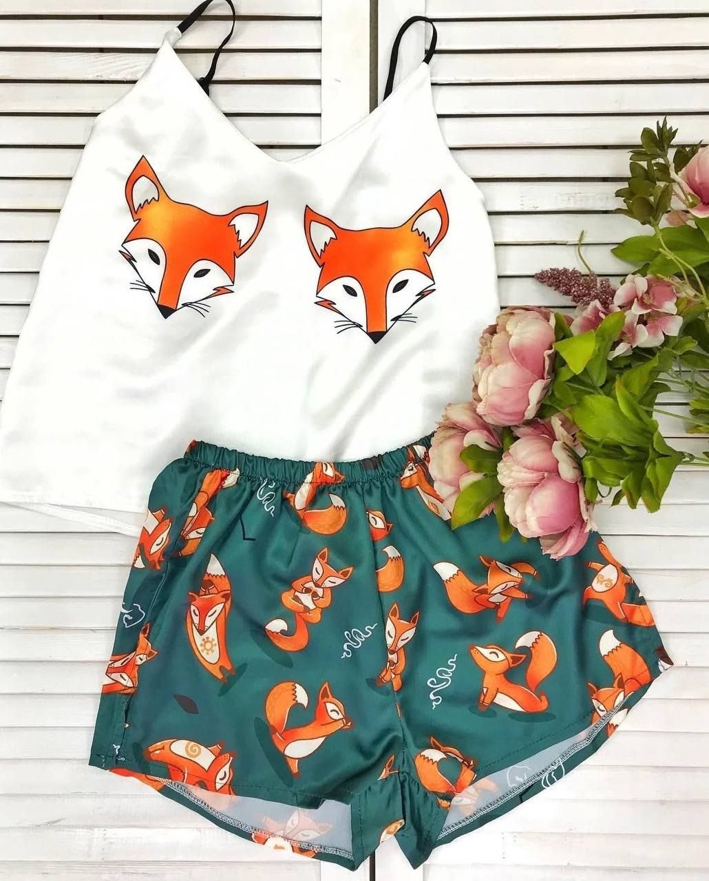 пижама женская с шортами и топом,пижама женская,пижама авокадо,шелковая пижама с авокадо,пижама с топом и шортами