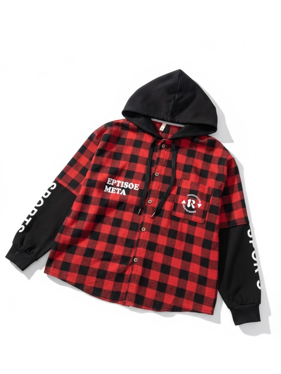 рубашка в клетку с капюшоном,рубашка для мальчика,рубашка с капюшоном,детская рубашка,рубашка клетчатая комбинированная с капюшоном