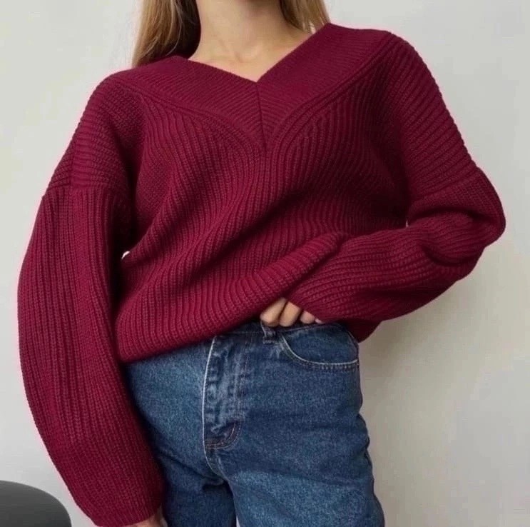 свитер женский шерстяной вязанный с v-образным вырезом gluck,свитер женский шерстяной вязанный с v-образным вырезом,свитер крупной вязки женский,джемпер крупной вязки женский,свитер свободного кроя кр