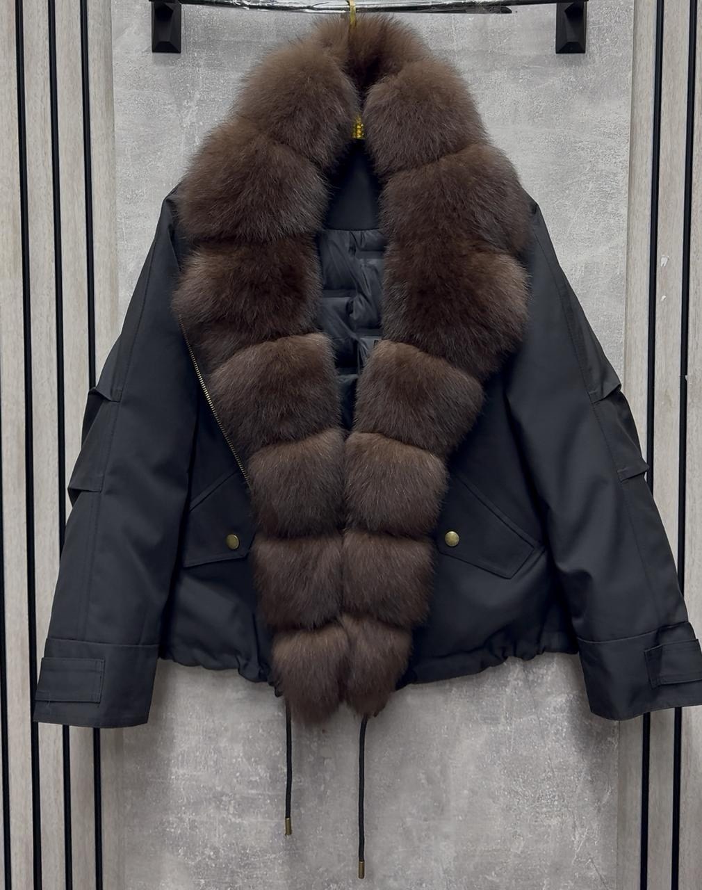 куртка - пуховик с мехом песца city furs,куртка с натуральным мехом,коричневая укороченная парка с меховым воротником,женский пуховик,пуховик с мехом