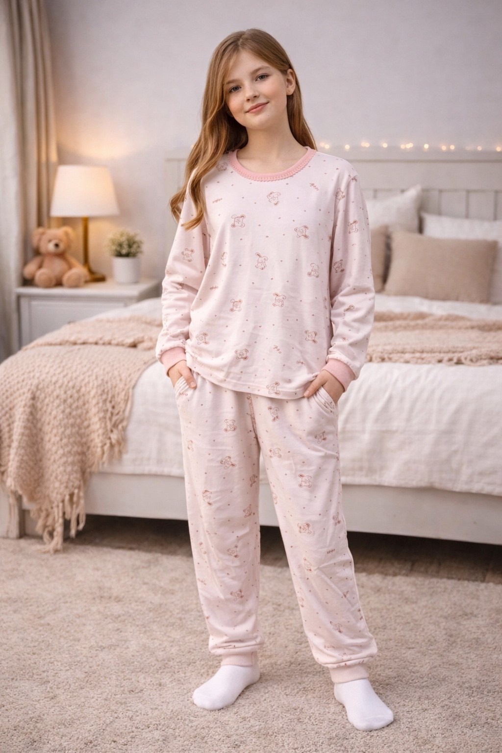 пижама для девочки crockid к 1552 зайки на бежево-розовом,хлопковая пижама для девочек (лонгслив и брюки) в расцветке "единороги на розовом",пижама для девочки,crockid пижама 513985 к 1552 зайчики и с
