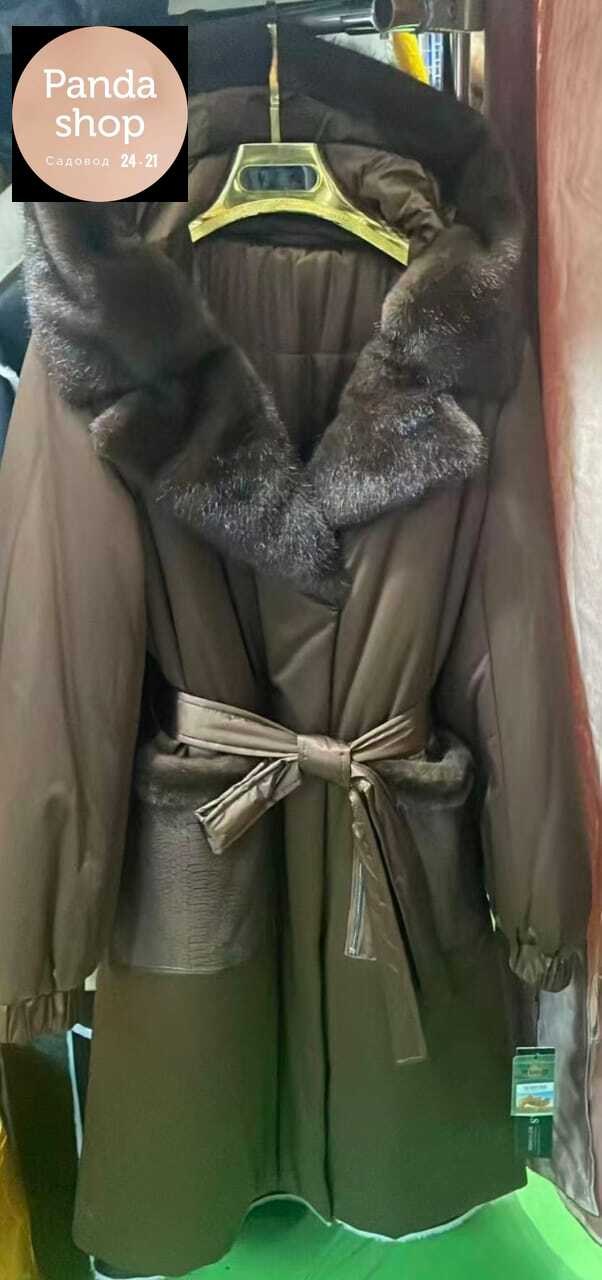 длинное зимнее пальто с мехом норки bomfurs,пуховики с мехом,длинный пуховик,женский пуховик,пальто зимнее женское с норкой большого размера коричневого цвета