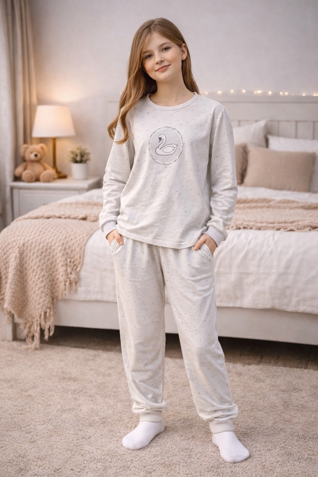 пижама для девочки crockid к 1552 зайки на бежево-розовом,хлопковая пижама для девочек (лонгслив и брюки) в расцветке "единороги на розовом",пижама для девочки,crockid пижама 513985 к 1552 зайчики и с