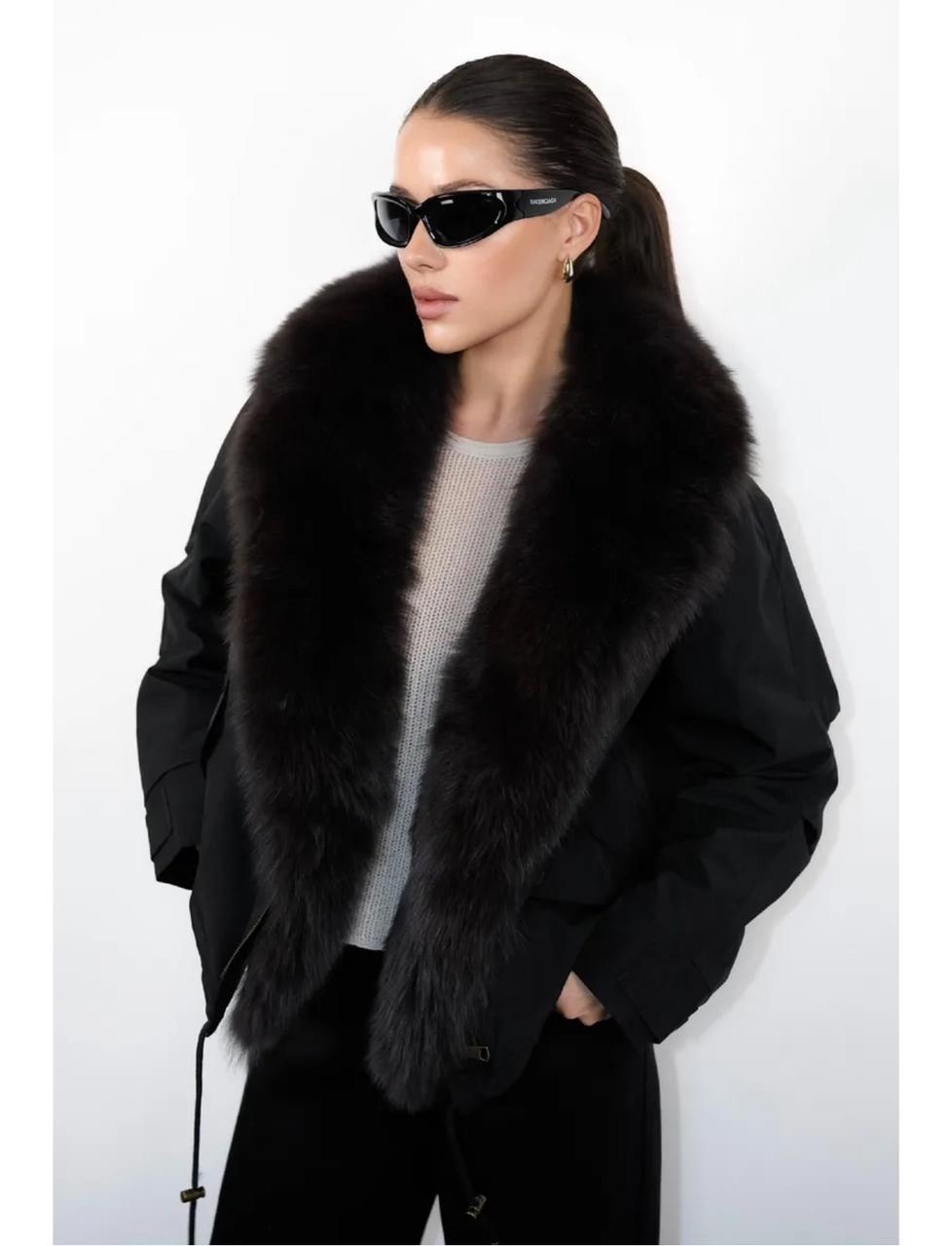 куртка - пуховик с мехом песца city furs,куртка с натуральным мехом,коричневая укороченная парка с меховым воротником,женский пуховик,пуховик с мехом