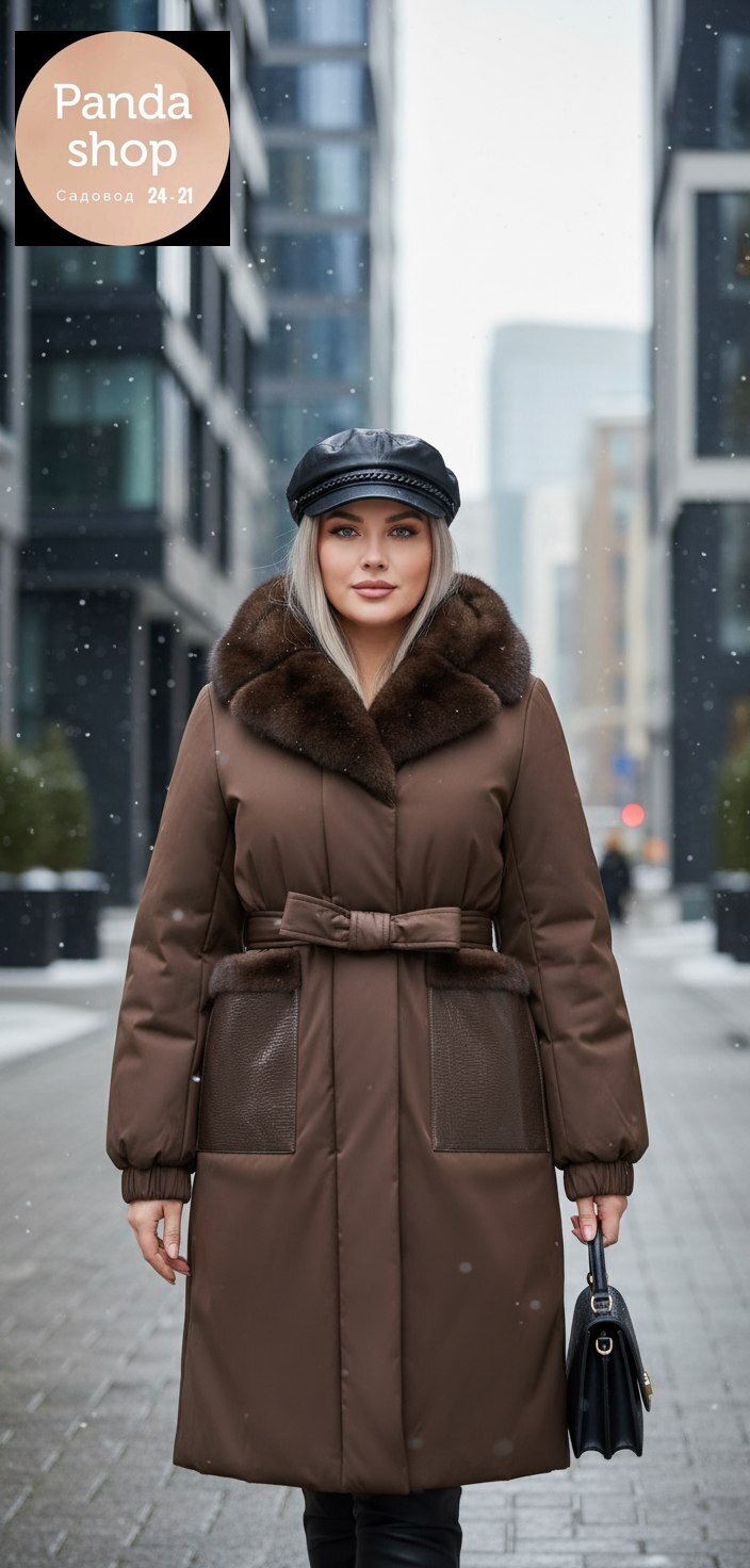 длинное зимнее пальто с мехом норки bomfurs,пуховики с мехом,длинный пуховик,женский пуховик,пальто зимнее женское с норкой большого размера коричневого цвета