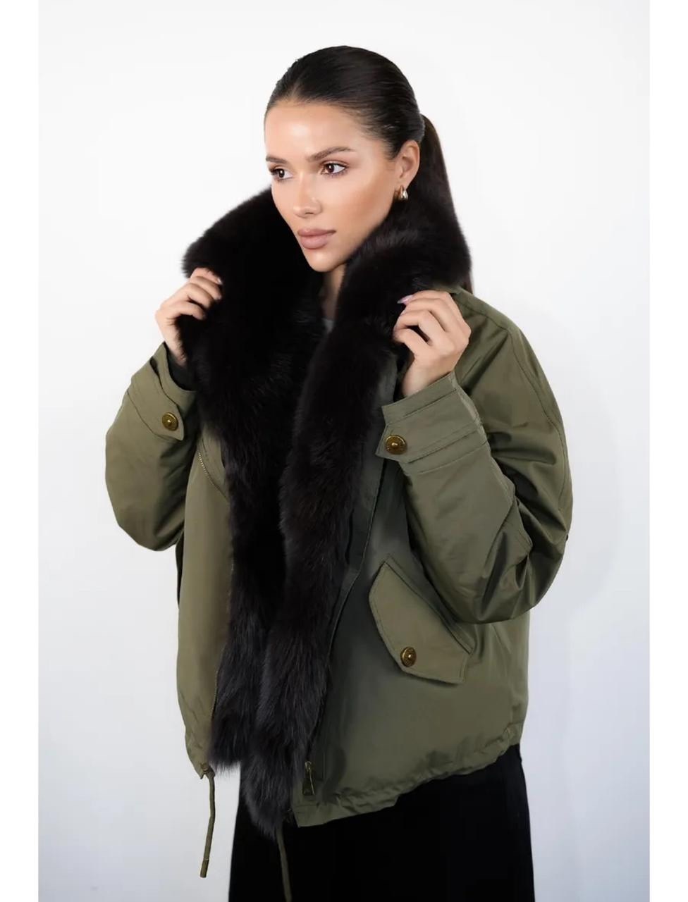 куртка - пуховик с мехом песца city furs,куртка с натуральным мехом,коричневая укороченная парка с меховым воротником,женский пуховик,пуховик с мехом