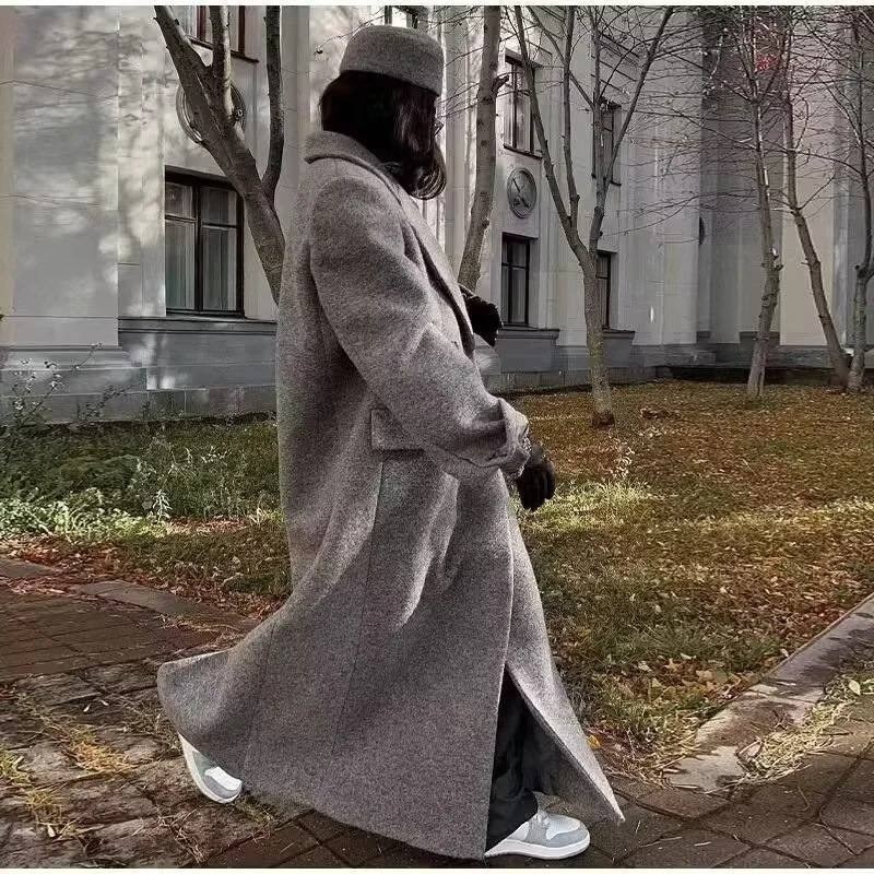 женское длинное серое пальто с лацканами,пальто оверсайз и пальто-кокон,оверсайз пальто,серые пальто,шерстяное пальто