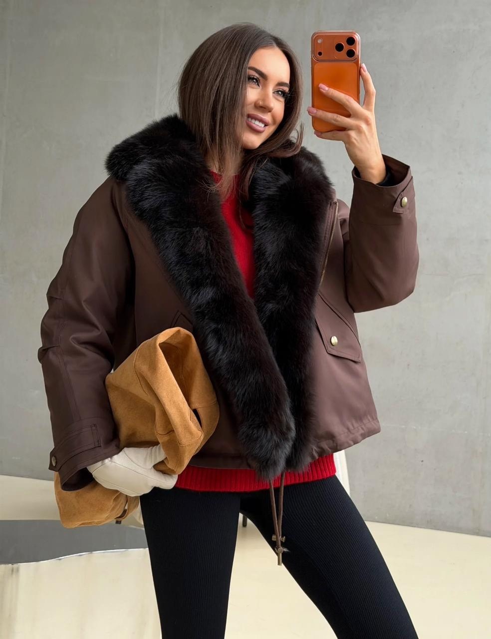 куртка - пуховик с мехом песца city furs,куртка с натуральным мехом,коричневая укороченная парка с меховым воротником,женский пуховик,пуховик с мехом