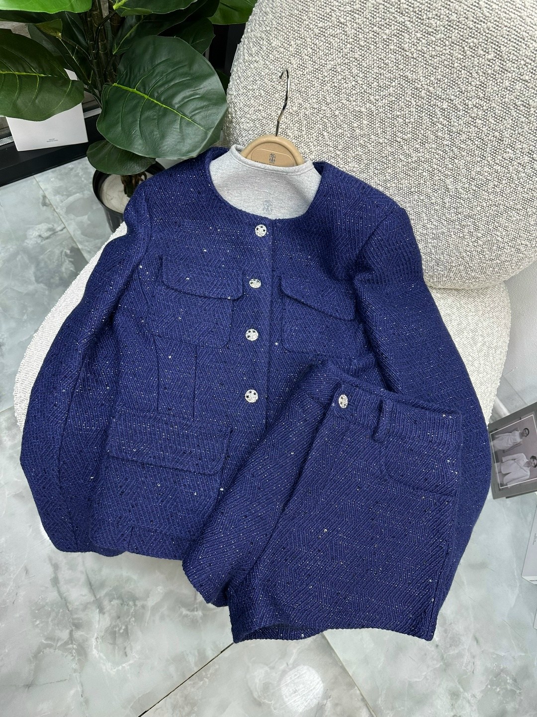 женское твидовое короткое пальто темно-синего цвета,твидовый костюм,женский элегантный твидовый теплый костюм,женское твидовое пальто uhy tgf темно-синего цвета,женский твидовый костюм