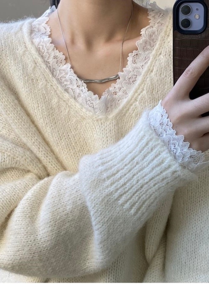 свитер пуловер,женский кружевной свободный теплый свитер,вязаные свитера,вязаный пуловер,свитер серый с кружевным воротником