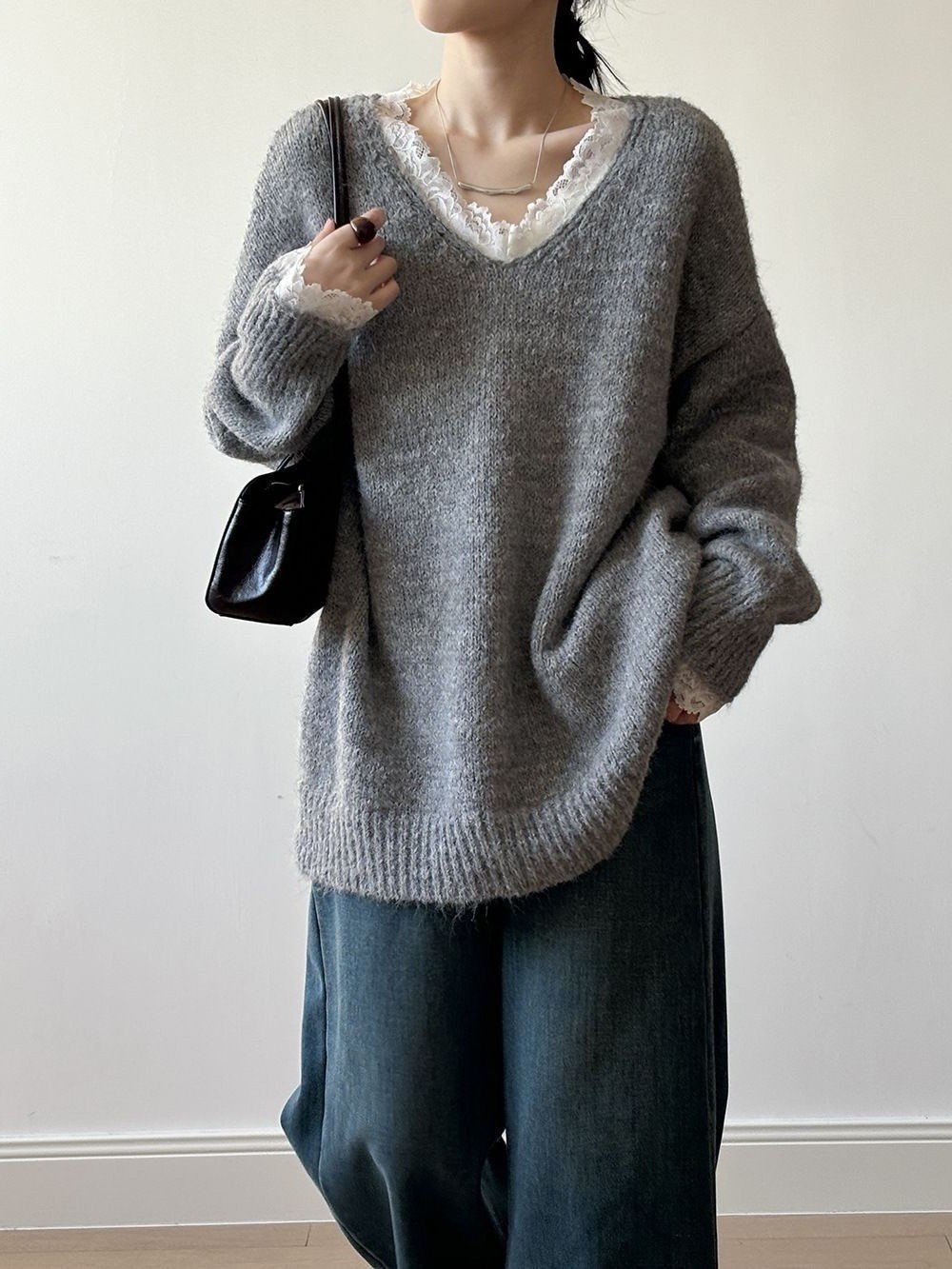 свитер пуловер,женский кружевной свободный теплый свитер,вязаные свитера,вязаный пуловер,свитер серый с кружевным воротником