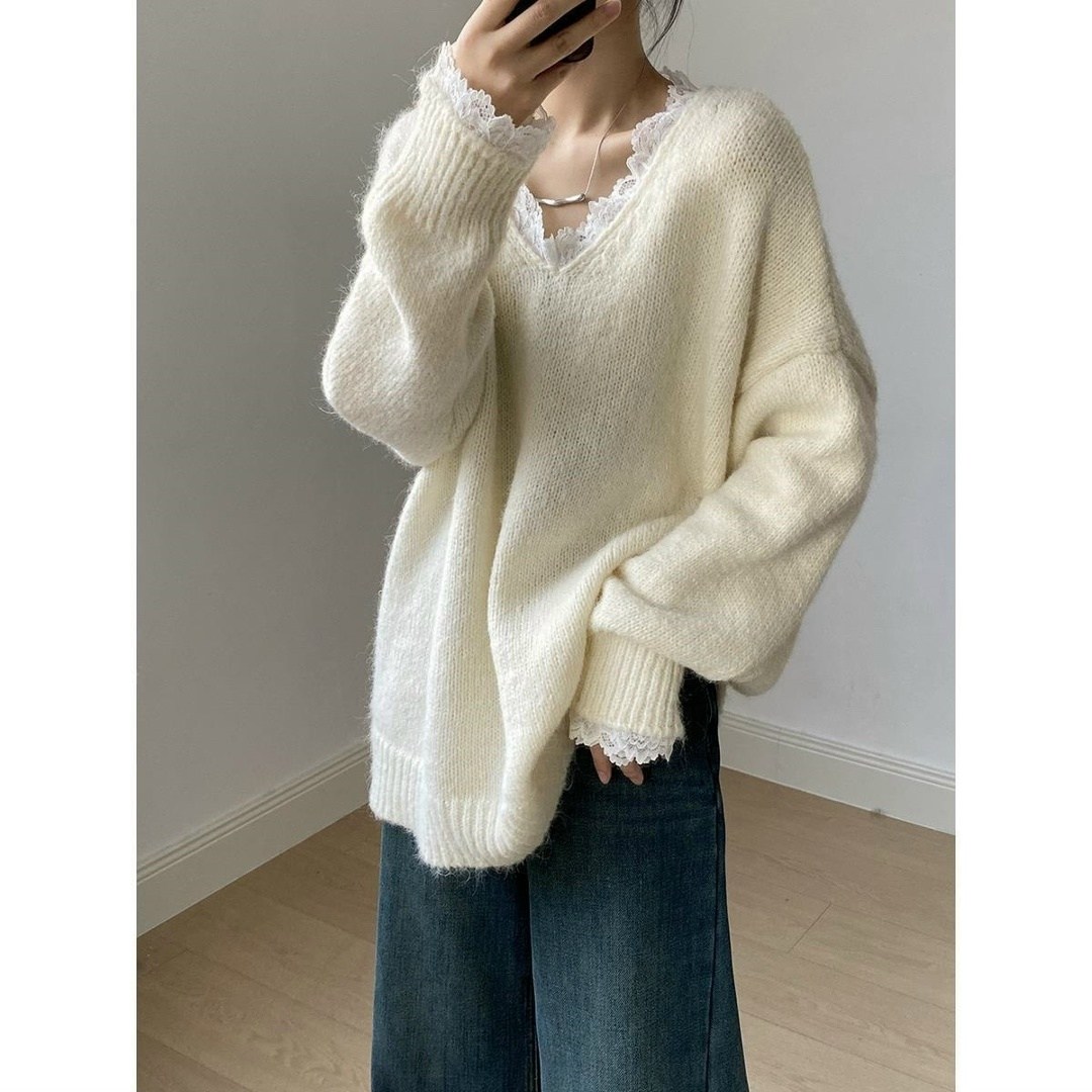 свитер пуловер,женский кружевной свободный теплый свитер,вязаные свитера,вязаный пуловер,свитер серый с кружевным воротником